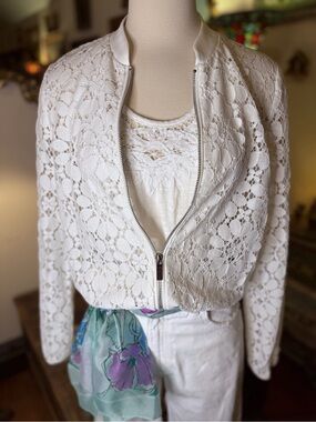 Laundry Floral Lace Bomber Jacket, Zara Jeans,Tank w/Battenberg Lace, Scarf